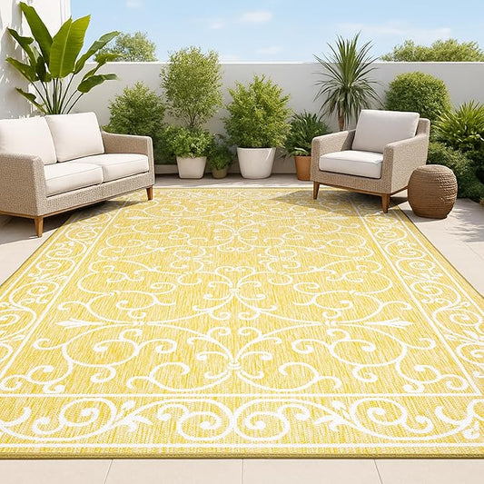 JONATHAN Y SMB106L-3 Charleston Vintage Filigree Textured Weave Indoor Outdoor Area Rug, Classic Traditional Easy-Cleaning,Bedroom,Kitchen,Backyard,Patio,Non Shedding, 3 X 5, Yellow/Cream