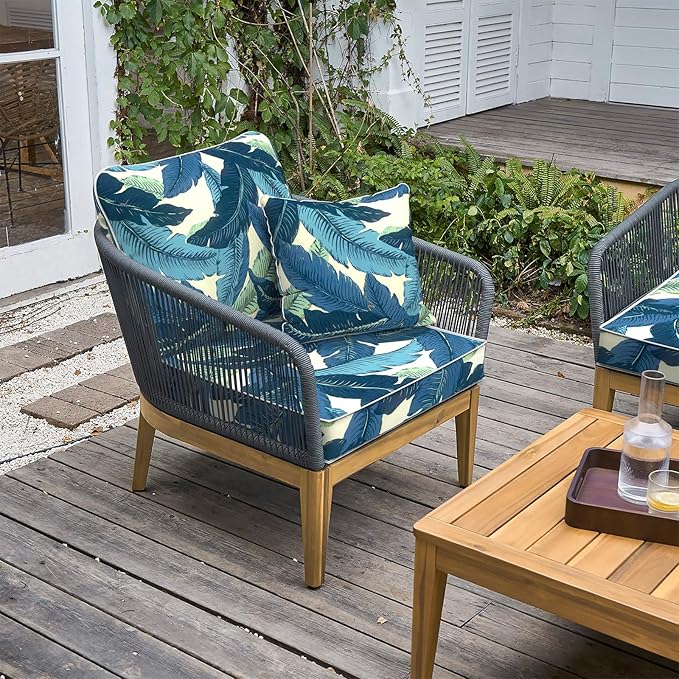 LVTXIII Outdoor Deep Seat Cushion 22"x22"x4" Patio Seat and Back Cushion Set Seasonal Chair Cushion for Dining Arm Chairs, Wicker Chairs and Garden Furniture Decoration, Swaying Palms Blue