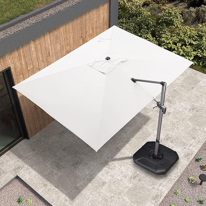 PURPLE LEAF 9' X 11.5' Patio Umbrella with Base Outdoor Cantilever Rectangle Umbrella Offset Umbrella with 360-degree Rotation for Garden Deck Pool Patio White