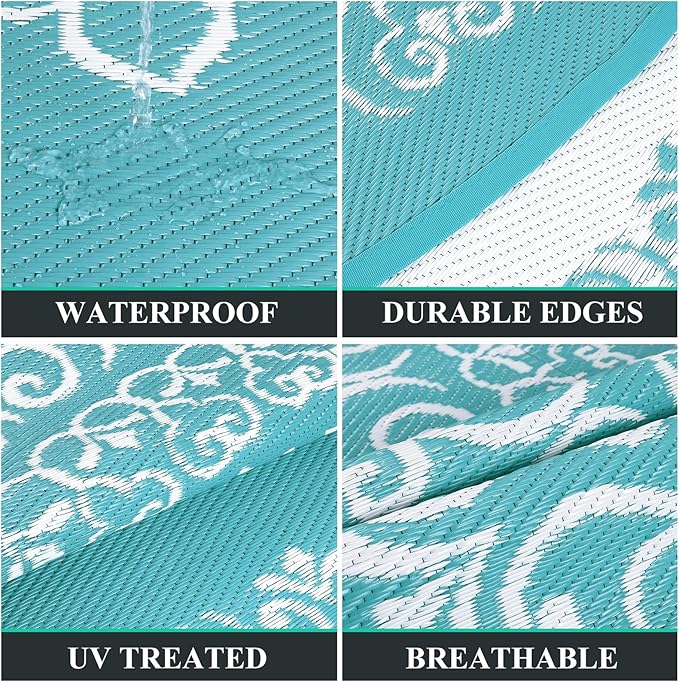Pauwer Waterproof Outdoor Rug 8ft, Reversible Plastic Straw Patio Camping Rug, Indoor Outdoor RV Mat Carpet for Deck, Camper, Porch, Balcony, Backyard, Picnic, Floral Teal