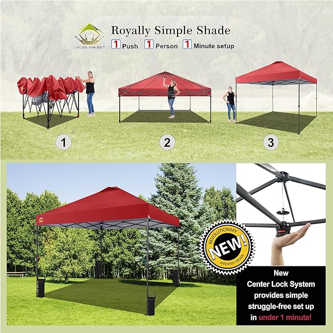 CROWN SHADES 10x10 Pop Up Canopy Tent - Patented Center Lock One Push Instant Outdoor Canopy Beach Tent with STO-N-Go Bag 8 Stakes & 4 Sand Bags，Red