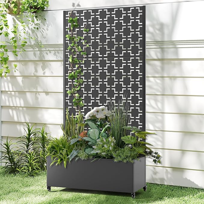 Raised Garden Bed with Trellis and Wheels,73"x35"x16" Metal Raised Garden Bed,Black Squared Metal Planter with Climbing Trellis for Vines & Vegetables