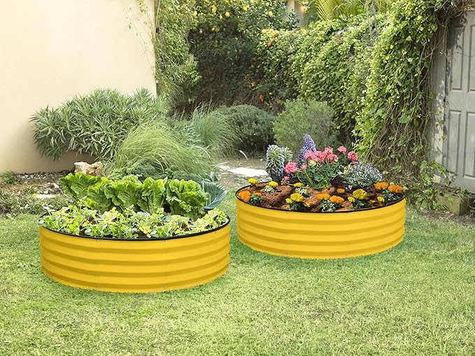 Round Galvanized Raised Garden Bed // 4×4×1 ft Galvanized Raised Garden Beds Outdoor for Gardening, Vegetables, Flowers // Patented Tool-Free Design Round Planter (Yellow)