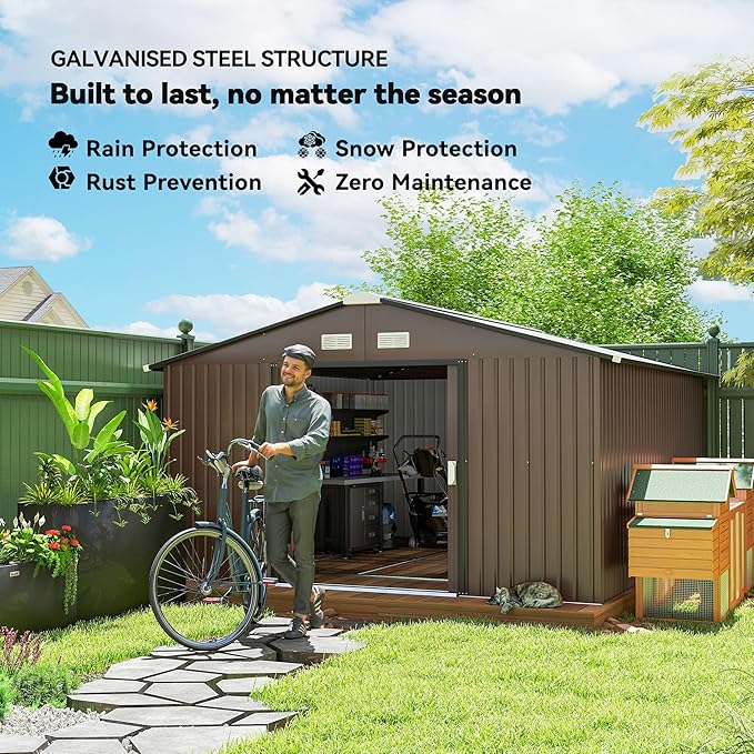 Outsunny 11' x 13' Outdoor Storage Shed, Garden Tool Metal Shed with Foundation Kit, Double Lockable Door, Air Vents and Sloping Roof, for Backyard, Patio, Lawn, Brown