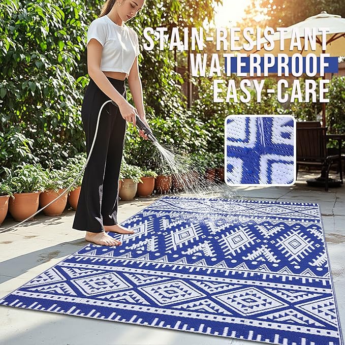 OLANLY Outdoor Rug Waterproof 4x6 ft, Reversible Outdoor Plastic Straw Rug, Boho Patio Rug, Indoor Outdoor Carpet, RV Mat Outside for Patio, Camp, Picnic, Balcony, Deck, Backyard, Blue & White