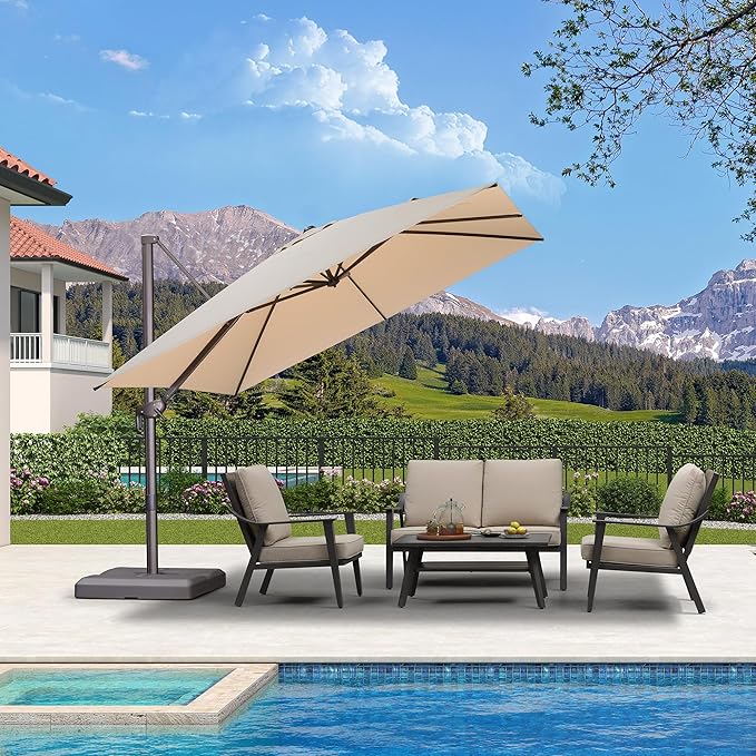 PURPLE LEAF 10 Feet Patio Cantilever Umbrella Square Outdoor Umbrella with 360° Rotation and Aluminum Offset Hanging for Garden Backyard Pool, Beige
