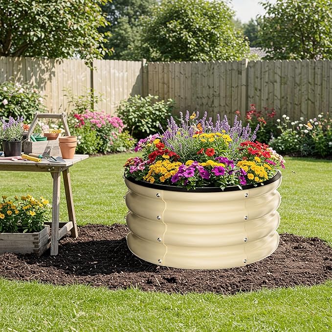 ZXZYHFTY Round Galvanized Raised Garden Bed kit,White Outdoor Garden Raised Planter Box, Round Large Metal Raised Garden Beds for Vegetable 2 * 2 * 1ft 3 Pcs