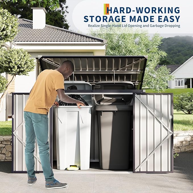 2 Trash Cans Metal Outdoor Storage, 3x6 FT Garbage Bin Storage Shed with Chain Lid, Garbage Can Metal Sheds for Garden, Backyard, Lawn and Patio