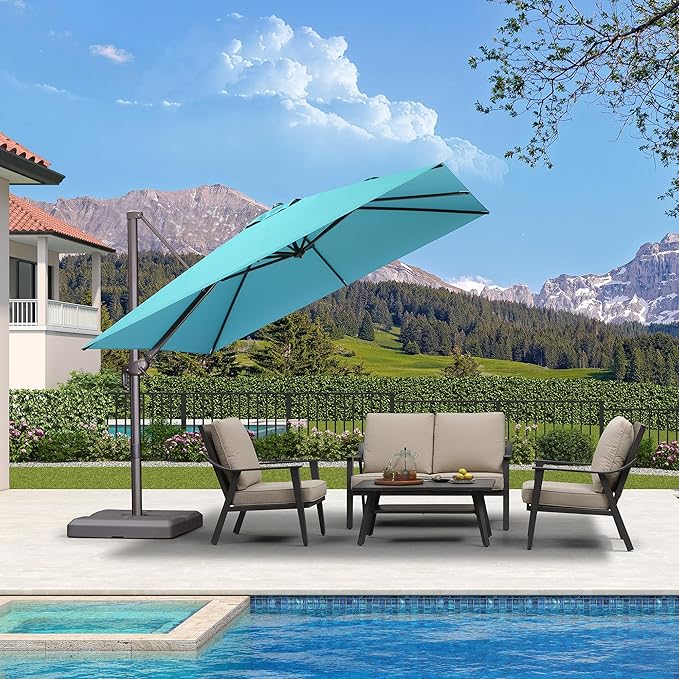 PURPLE LEAF 10 Feet Patio Cantilever Umbrella Square Outdoor Umbrella with 360° Rotation and Aluminum Offset Hanging for Garden Backyard Pool, Turquoise