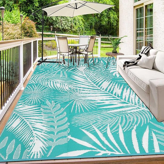 Outdoor Rug 8'x10' Waterproof for Patios Clearance, Reversible Outdoor Plastic Straw Rug Camping Carpet, Outside Floor Mats Large Area Rugs for RV,Patio,Deck,Porch, Beach,Balcony,Teal&White