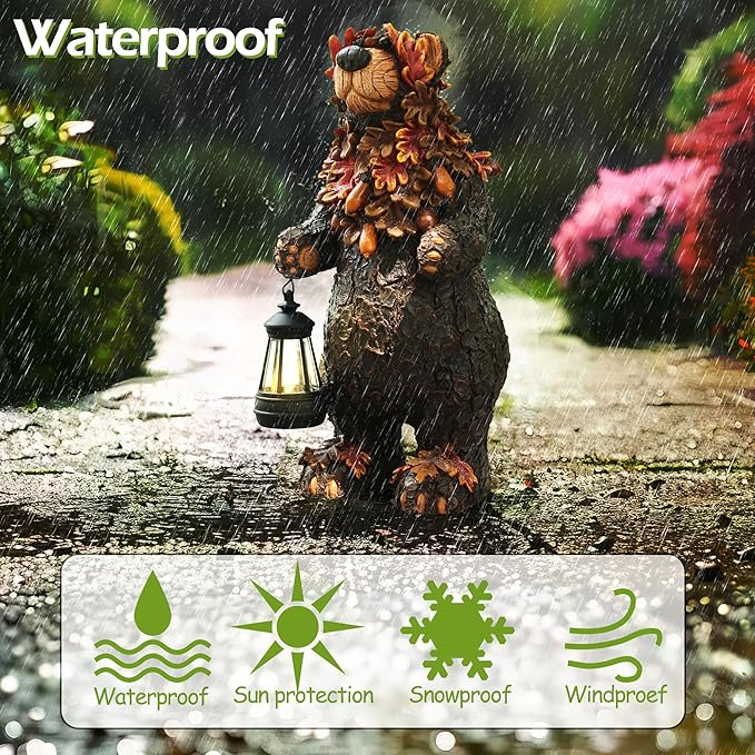Solar Garden Statue Bear Figurine, Garden Art Outdoor Statues with Solar Lantern, Loving Bear for Patio, Balcony, Yard, Lawn, Unique Housewarming Gifts