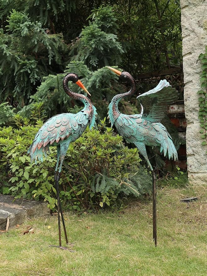 YEAHOME Garden Decor Outdoor Statues, 38"/36" Large Metal Heron Standing Yard Art, Blue Crane Lawn Sculptures Garden Decor for Outside Patio Porch Backyard, Set of 2