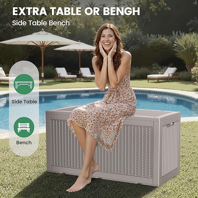 100 Gallon Storage Box, Waterproof Resin Deck Box with Hydraulic Piston Design, Lockable Storage Bench for Package Delivery, Storage Bin for Patio Cushions, Garden Tools, Grey