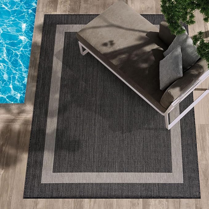 CAMILSON Outdoor Rug 8x10,Modern Outside Rugs for Patios Porches Waterproof Durable Washable Non-Shedding, Easy-to-Clean Indoor Outdoor Area Carpet (8 x 10, Bordered - Dark Gray/Light Gray)