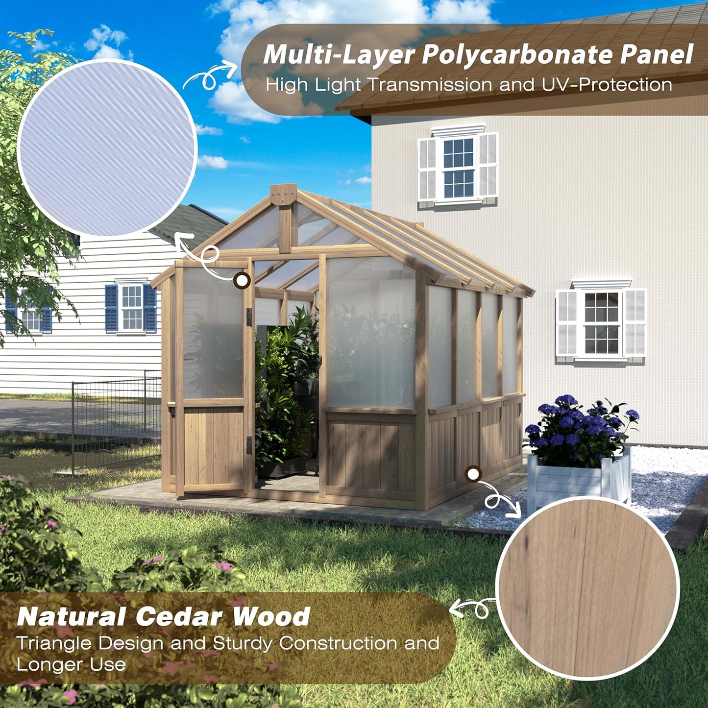 Mupater 6 x 8 FT Wooden Polycarbonate Greenhouse with Ventilated Window and Lockable Door, 6mm PC Panels for UV Protection, Walk-in Greenhouse Kit for Outdoor, Garden and Backyard, Brown