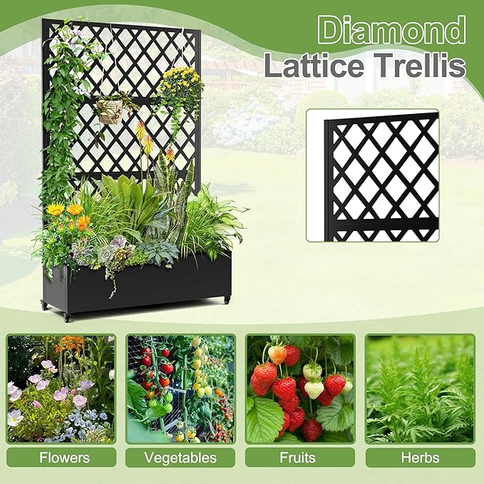 Metal Planter Trellis Box with Wheels & Drain Plug Outdoor Raised Garden Bed Patio Privacy Screen with Planter for Climbing Plants, Vegetables 73"x47"x16" Black-Diamond
