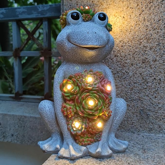 Large Frog Solar Garden Outdoor Statues with Succulent and 8 LED Lights,Outside Solar Frog Art Decor for Lawn,Yard, Balcony Ornament