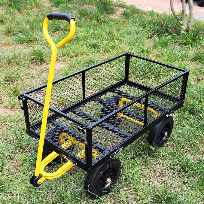 Heavy Duty 480 Lbs Capacity Mesh Steel Garden Cart Folding Utility Wagon with Removable Sides (Black+Yellow)