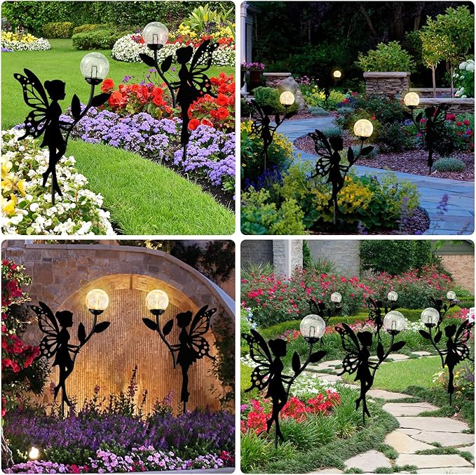 Ouddy Decor 2 Pack Solar Fairy Garden Decor, Metal Statues with Crackle Glass Globe Lights Silhouette Waterproof for Outdoor Lawn Patio Yard Pathway Home Decorations Gardening Gifts for Mother's Day