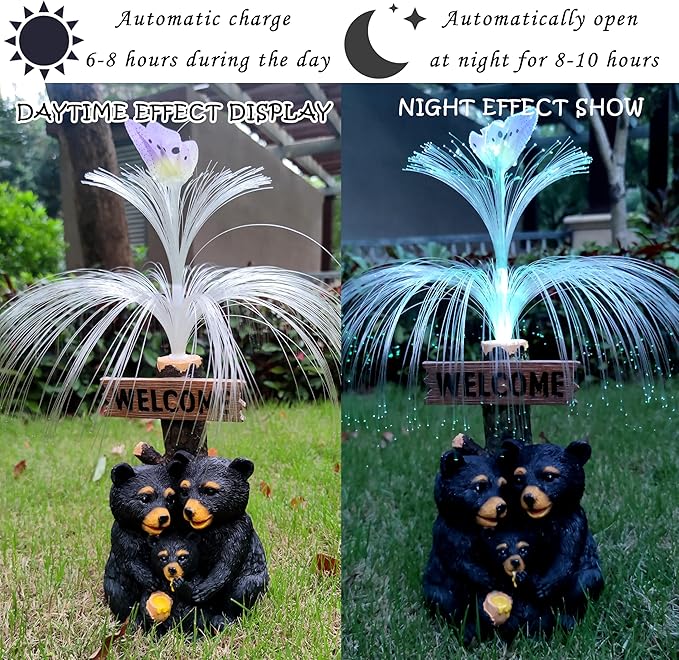 Solar Bear Garden Statues,Resin Black Bear Family Figurine with Welcome Card and 7-Color Changing Optical Fiber with Solar Lights, Lawn Decor Outdoor Statue for Patio,Balcony,Yard,Lawn