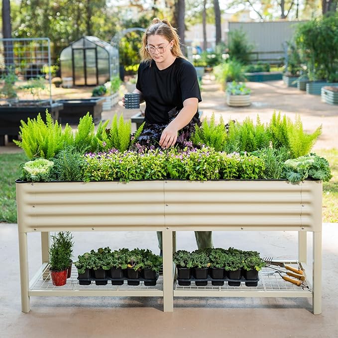 Elevated Raised Garden Bed-V Series, 2' x 6' Garden Beds with Legs & Storage Rack for Patio Porch, 1000 Lbs Weight Capacity, Outdoor Planter Boxes for Gardening Herbs Vegetables Flowers, Pearl White