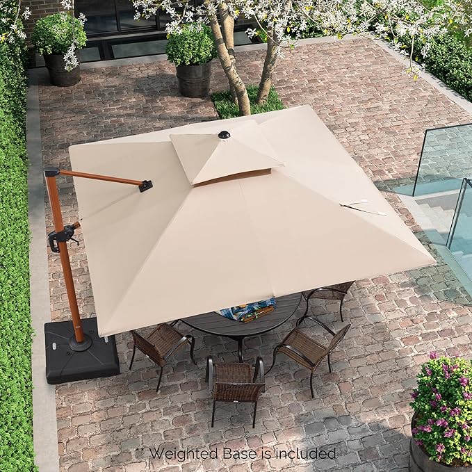 PURPLE LEAF 10ft Patio Umbrella with Base Outdoor Square Umbrella Large Cantilever Umbrellas Windproof Offset Heavy Duty Sun Umbrellas for Garden Deck Pool Patio, Beige