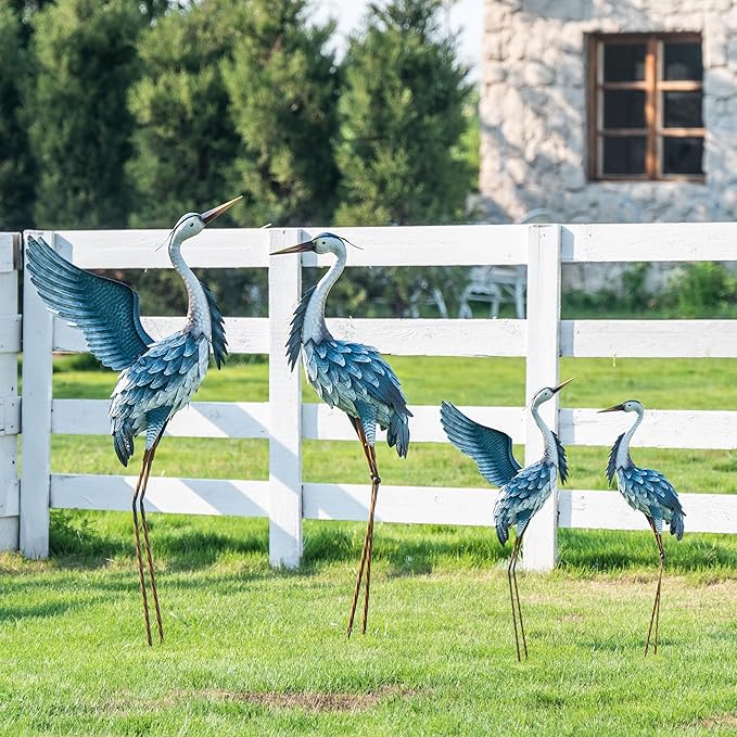 TERESA'S COLLECTIONS Garden Decor Blue Heron Yard Art, 38-42" Large Metal Cranes Sculptures & Statues Decoy for Outdoor Indoor Decorations, Outside Patio, Pool, Lawn, Set of 2, Spring,Gift for Mom