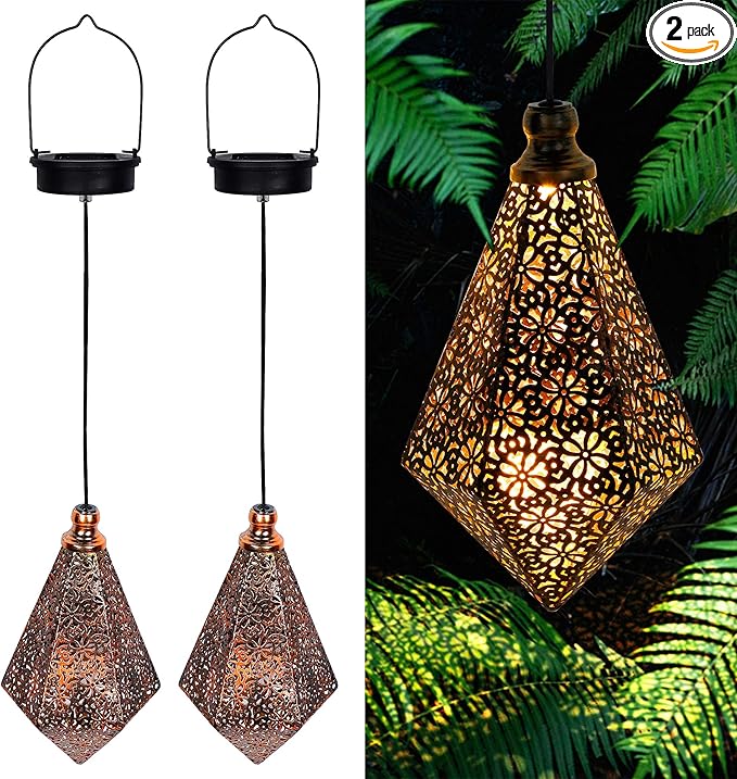MAGGIFT 2 Pack Solar Hanging Lights, Solar Powered Retro Lantern with Handle, Warm White LED Christmas Garden Lights, Metal Diamond Shape Lamp Waterproof for Outdoor for Yard Tree Fence Patio