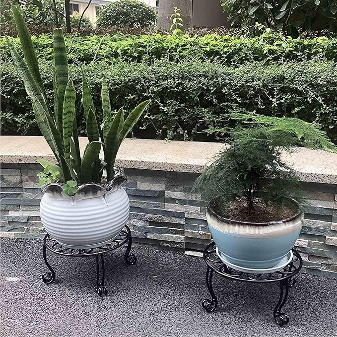 Metal Outdoor Plant Stand 11.8IN Diameter Heavy Duty Plant Pot Stands for Indoor Round Flower Pot Support Rack Set of 2,Black