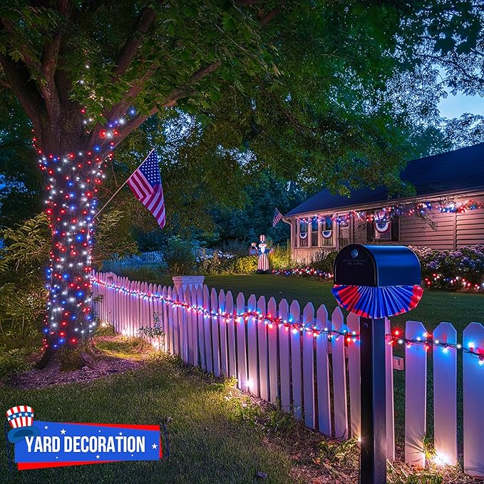 JMEXSUSS 500 LED Red White and Blue Lights 4th of July Decorations, 173ft 8 Modes 4th of July Lights Outdoor, Waterproof Patriotic String Lights Plug in for Memorial Day Independence Day Holiday Decor