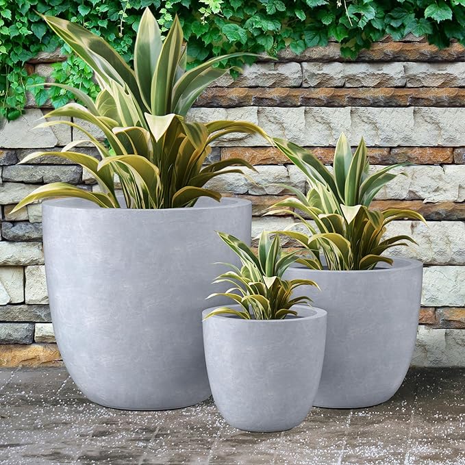 Kante 18",14",10" Dia Concrete Round Planters (Set of 3), Outdoor Indoor Large Planter Pots with Drainage Hole and Rubber Plug for Home Patio Garden, Slate Gray
