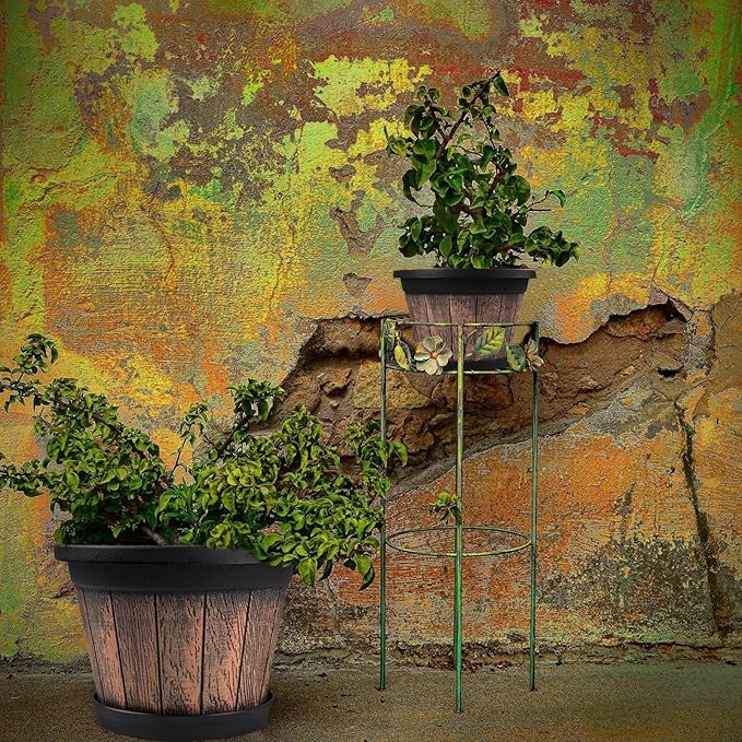 Quarut Large Plastic Plant Pots Set of 4 Pack13 inch,Whiskey Barrel Planters with Drainage Holes & Saucer.Flower Pots Imitation Wine Barrel Design for Indoor & Outdoor Garden Balcony Plants (Brown)