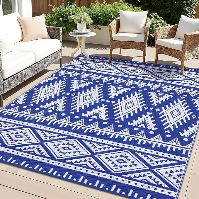 OLANLY Outdoor Rug Waterproof 9x18 ft, Reversible Outdoor Plastic Straw Rug, Boho Patio Rug, Indoor Outdoor Carpet, RV Mat Outside for Patio, Camp, Picnic, Balcony, Deck, Backyard, Blue & White