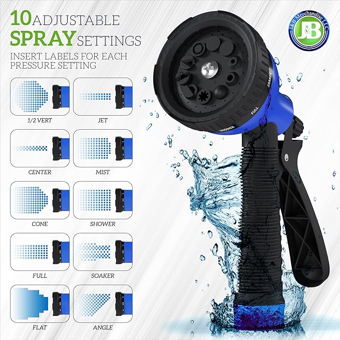 J&B XpandaHose 100ft Expandable Garden Hose with Holder - Heavy Duty Superior Strength 3750D - 4 -Layer Latex Core - Extra Strong Brass Connectors and 10 Spray Nozzle w/Storage Bag (Blue 100)