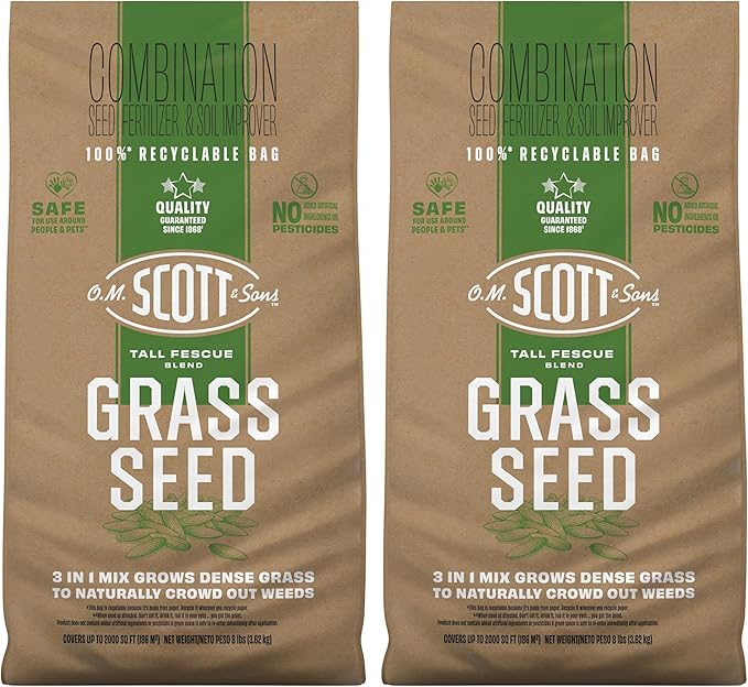 O.M. Scott and Sons Tall Fescue Blend Grass Seed, Fertilizer and Soil Improver, Naturally Crowds Out Weeds, Covers Up to 2,000 sq. ft., 8 lbs., 2-Pack