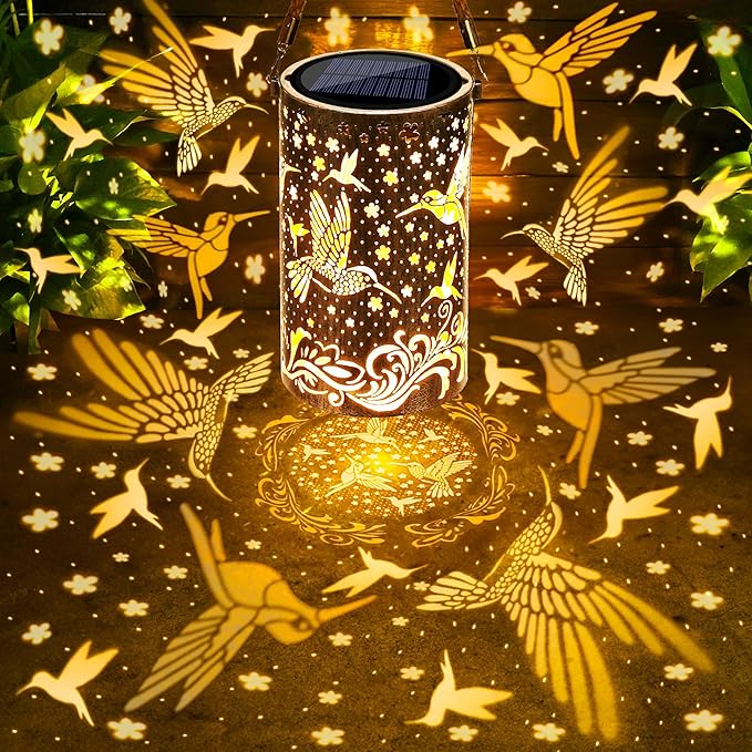 Toodour Solar Lantern Outdoor, Hummingbird Gifts for Women Mom Grandma Hanging Solar Outdoor Lights Waterproof, Hollow Out Retro Metal Hummingbird Lights for Patio, Balcony, Walkway, Yard Decorations