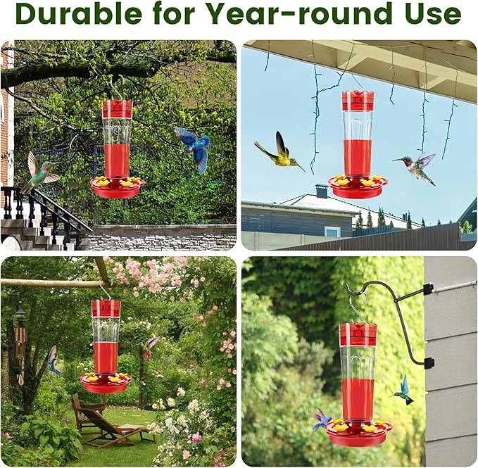 Plastic Hummingbird Feeders for Outdoors Hanging Ant and Bee Proof, 1 Pack 15 Ounces Red Hummingbird Feeder with 5 Feeding Ports and Perches, Built-in Ant Moat, Outside Garden Décor (Plastic, 1)