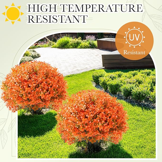 Yunlly 2 Pack 18" Artificial Boxwood Ball Bush Topiary Trees Fake Outdoor Plants, Realistic UV Resistance Faux Shrubs with Spike Greenery Topiary for Front Porch Garden Yard Patio Indoor (Orange)
