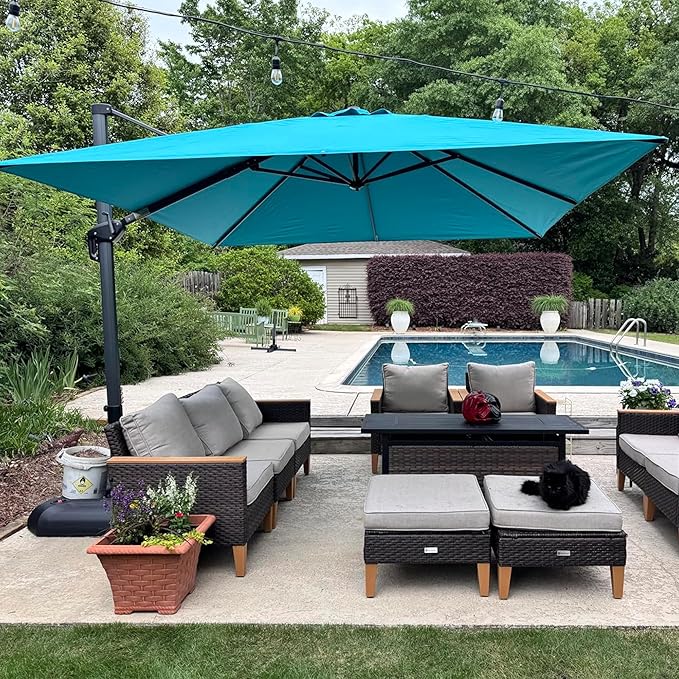 PURPLE LEAF 8 Feet Square Cantilever Umbrella Patio Umbrella with Base Outdoor Umbrella Aluminum Offset with 360-degree Rotation for Garden Deck Pool Patio, Turquoise Blue