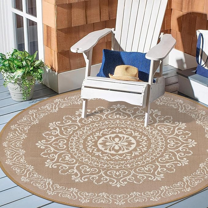 Pauwer Waterproof Outdoor Rug 8ft, Reversible Plastic Straw Patio Camping Rug, Indoor Outdoor RV Mat Carpet for Deck, Camper, Porch, Balcony, Backyard, Picnic, Floral Brown