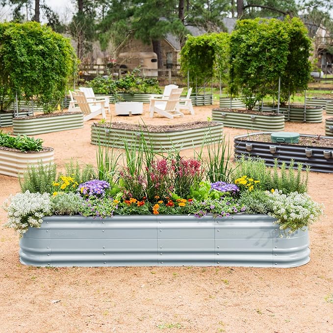 Vego garden 17" Tall 9 in 1 Novel Metal Raised Garden Bed Kits Modular Planter Beds with 2 in 1 Wrench & Magnetic Plant Tags for Vegetables Flowers, Sky Blue