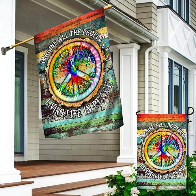 FLAGWIX American Flag, Peace Sign Hippie Flag, Imagine All The People Living Life In Peace - 4th of July Decorations, Garden Flag 12x18 - USA Flags Premium Polyester, Decorative Indoor Outdoor Flag
