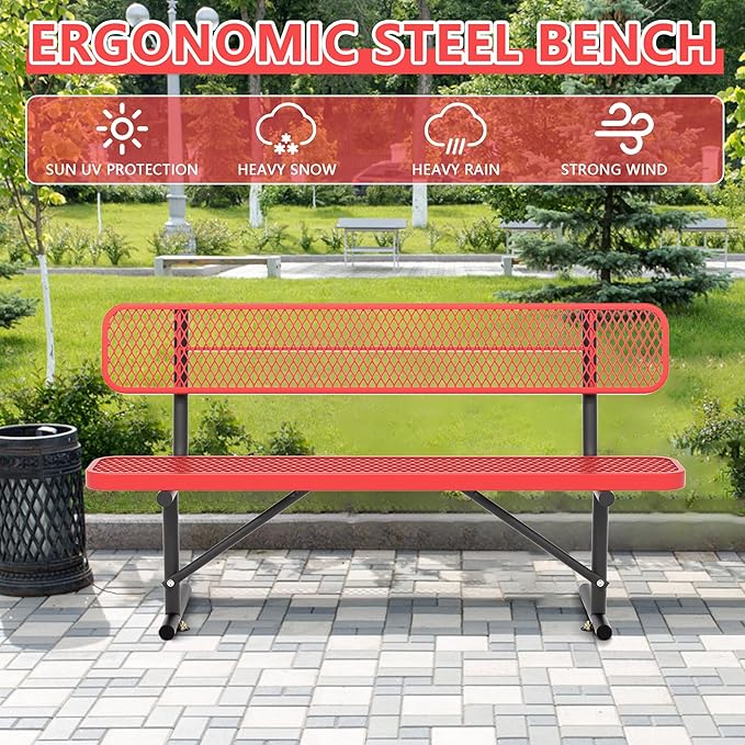 Heavy Duty Park Bench with Back Portable Frame, Outdoor Steel Bench with Backrest, Red Metal Bench Seat Expanded Metal Mesh Bench for Lawn, Park, Deck, Garden, Patio, Porch, Black (Red, 6FT)