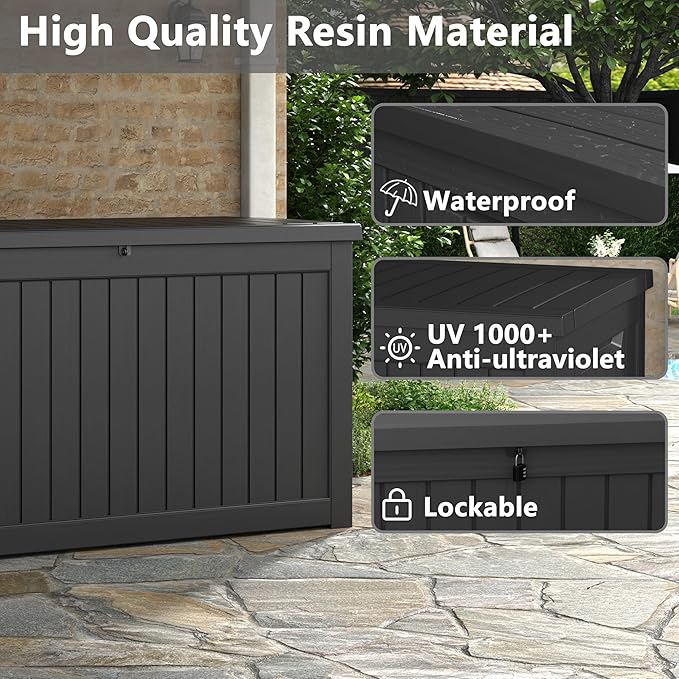 KAMABOKO 230 Gallon Outdoor Storage Box, Resin Deck Boxes Indoor and outdoor, Waterproof Storage Box Lockable Lid for Garden Tools, Package Delivery, Patio Cushions, Black