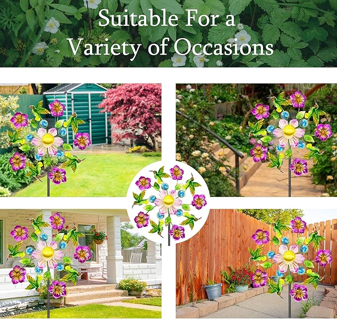 Solar Wind Spinners Outdoors for Yard and Garden - 40 Inch Metal Wind Sculpture, Outdoor Kinetic Windmill with Multi-Color Led Lights for Patio, Lawn & Garden Decoration (Magpies)