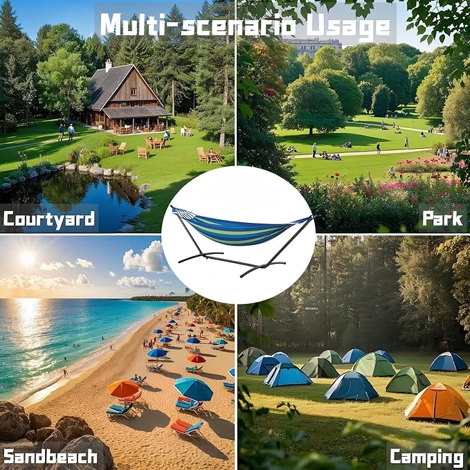 Double Hammock with Stand, 2 Person Hammock with Carrying Bag,Heavy Duty Portable,500 lb Capacity, Perfect for Both Indoors and Outdoors，Ocean Breeze