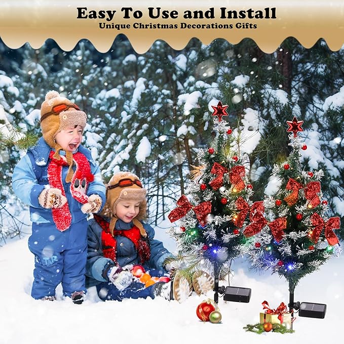 Solar Christmas Tree Light - Christmas Waterproof Small Pathway Lights, Outdoor Lights Christmas Decorations Cedar Xmas Tree with 20 LED Lights in 4 Colors for Garden/Yard/Patio, 2 Packs