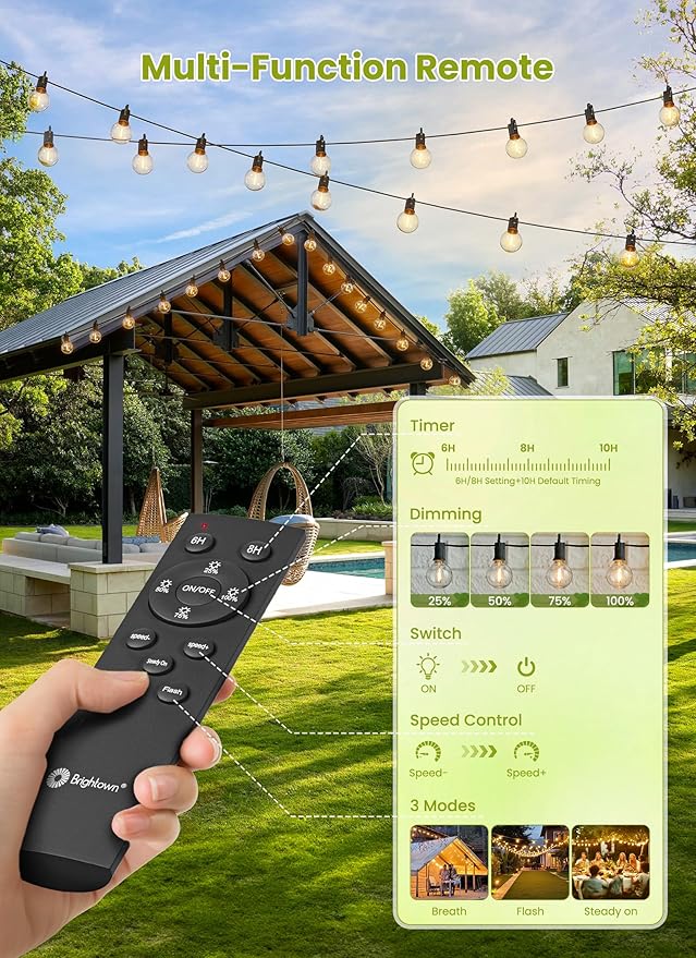 Brightown Solar String Lights Outdoor Waterproof with Remote & USB Port, 29FT Solar Patio Lights with 25+1 LED Shatterproof Bulbs, 3 Light Modes, Dimmable Hanging Light for Camping Backyard Garden