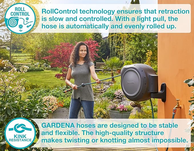 GARDENA 20505, 100' Retractable Garden Hose Reel with US Hose Threads - 100' x 1/2" hose, Automatic Retraction & Length Lock for Easy Watering. Heavy Duty Swivel Bracket 180°, Includes Nozzle.
