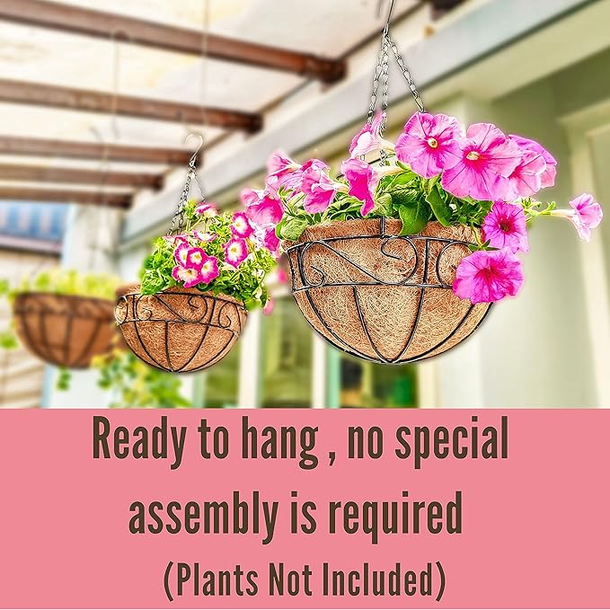 LaLaGreen Hanging Planter for Outdoor Plants (2 Pack, 14 Inch) White Hanging Baskets with Coco Liner, Metal Wire Flower Basket Pots with Hook Hanger Balcony Porch Farmhouse Country Style Garden Decor